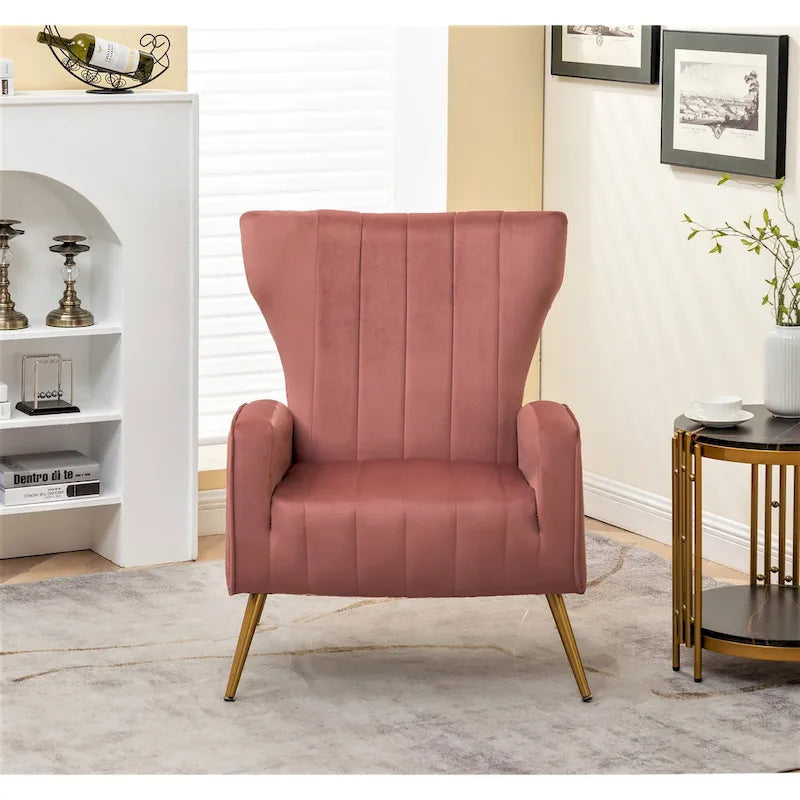 Velvet Channel Tufted High Back Accent Armchair with Gold Metal Legs