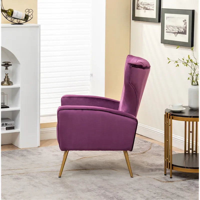 Velvet Channel Tufted High Back Accent Armchair with Gold Metal Legs