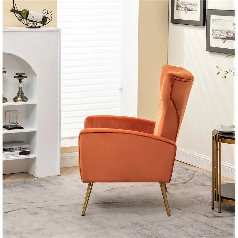 Velvet Channel Tufted High Back Accent Armchair with Gold Metal Legs