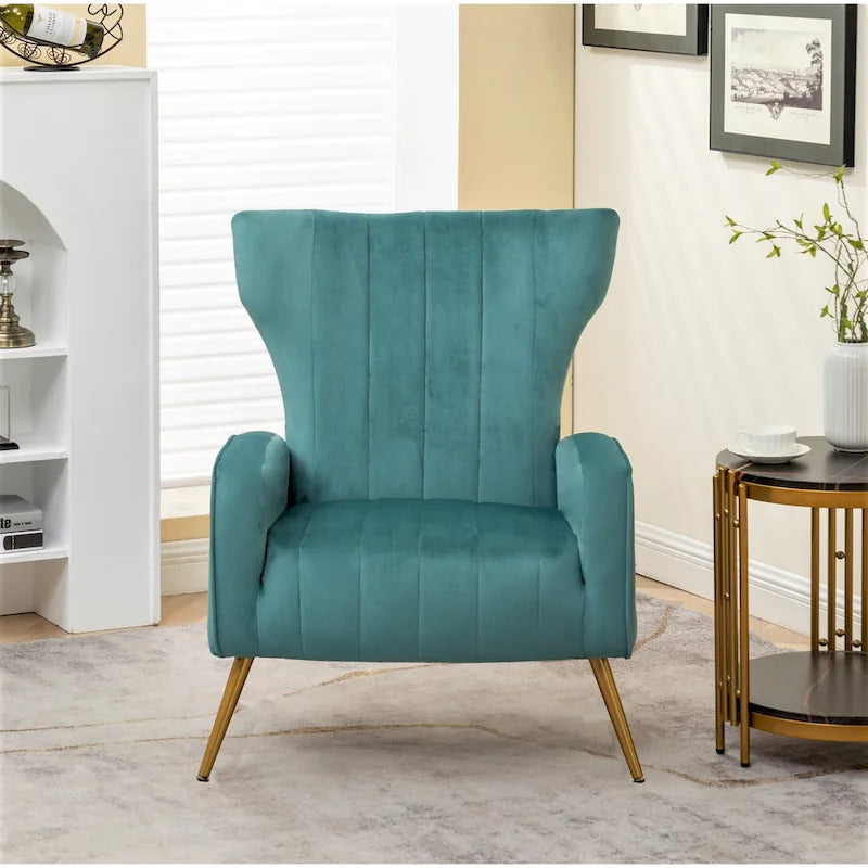 Velvet Channel Tufted High Back Accent Armchair with Gold Metal Legs