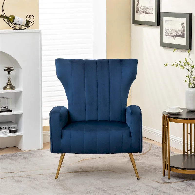 Velvet Channel Tufted High Back Accent Armchair with Gold Metal Legs