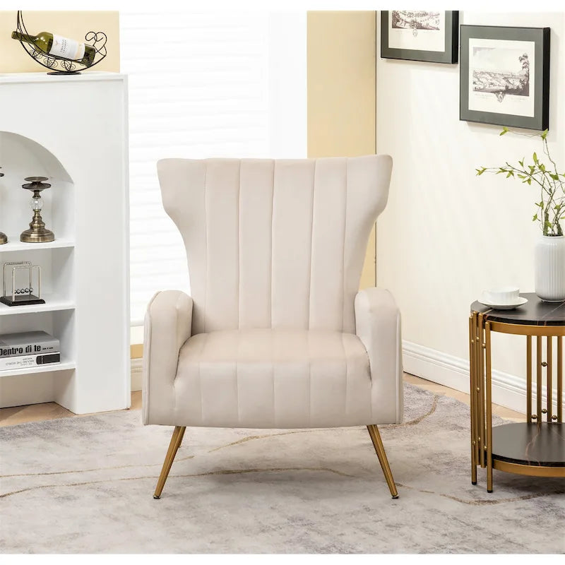 Velvet Channel Tufted High Back Accent Armchair with Gold Metal Legs