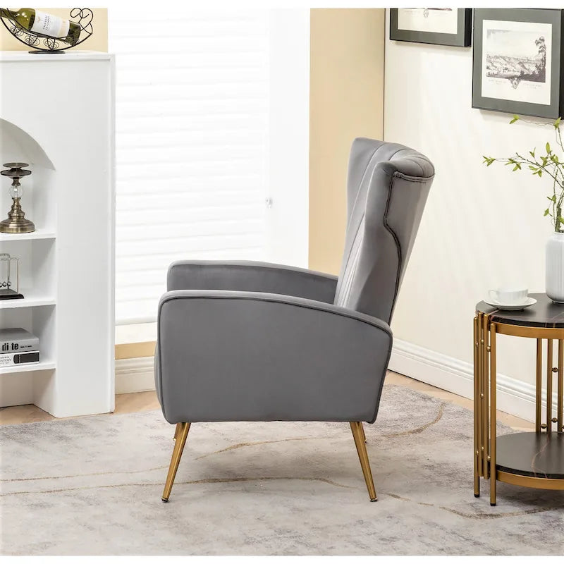 Velvet Channel Tufted High Back Accent Armchair with Gold Metal Legs