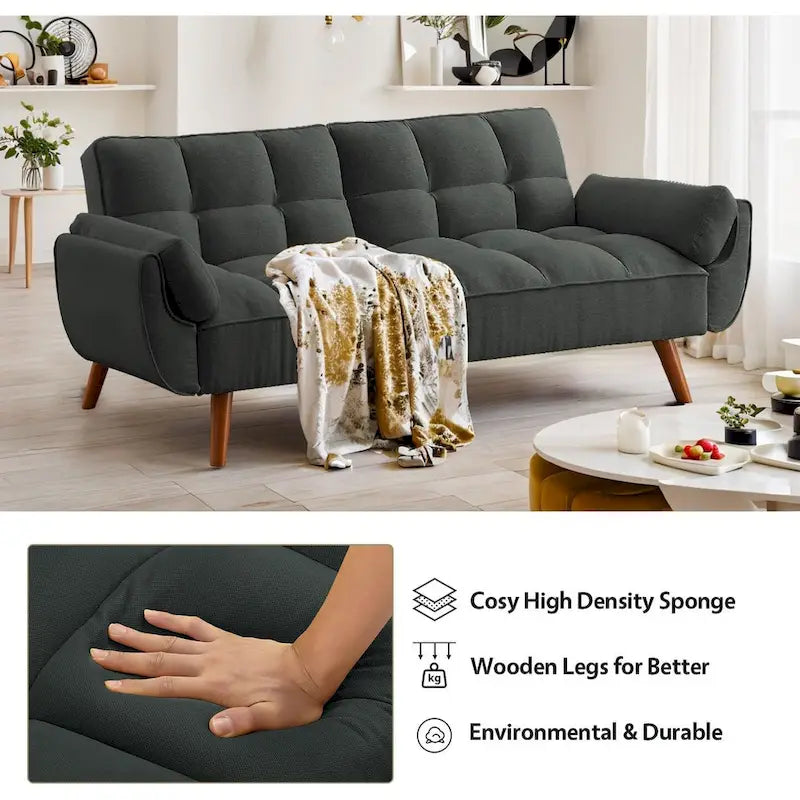 Convertible Futon Sofa Bed Upholstered Tufted Couch Sleeper Adjustable Backrest