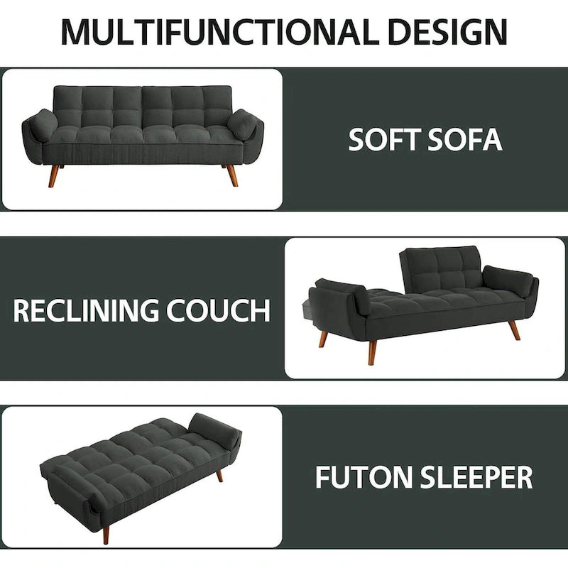 Convertible Futon Sofa Bed Upholstered Tufted Couch Sleeper Adjustable Backrest