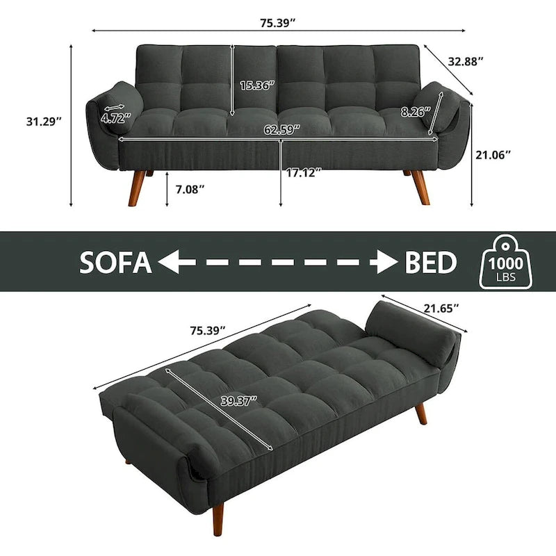 Convertible Futon Sofa Bed Upholstered Tufted Couch Sleeper Adjustable Backrest