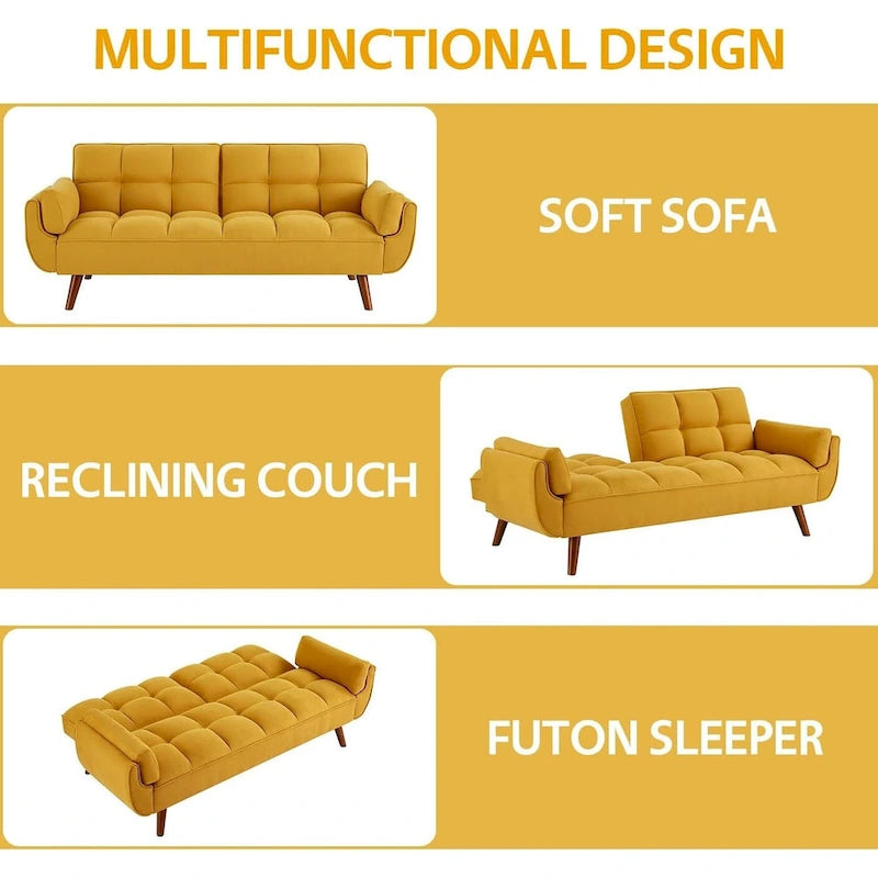 Convertible Futon Sofa Bed Upholstered Tufted Couch Sleeper Adjustable Backrest