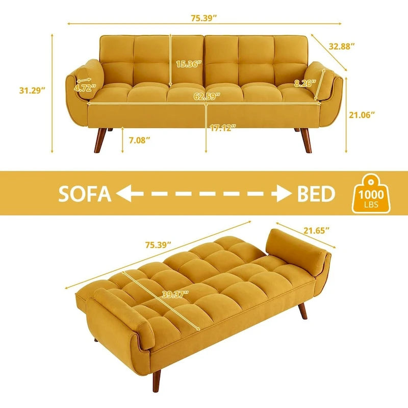 Convertible Futon Sofa Bed Upholstered Tufted Couch Sleeper Adjustable Backrest