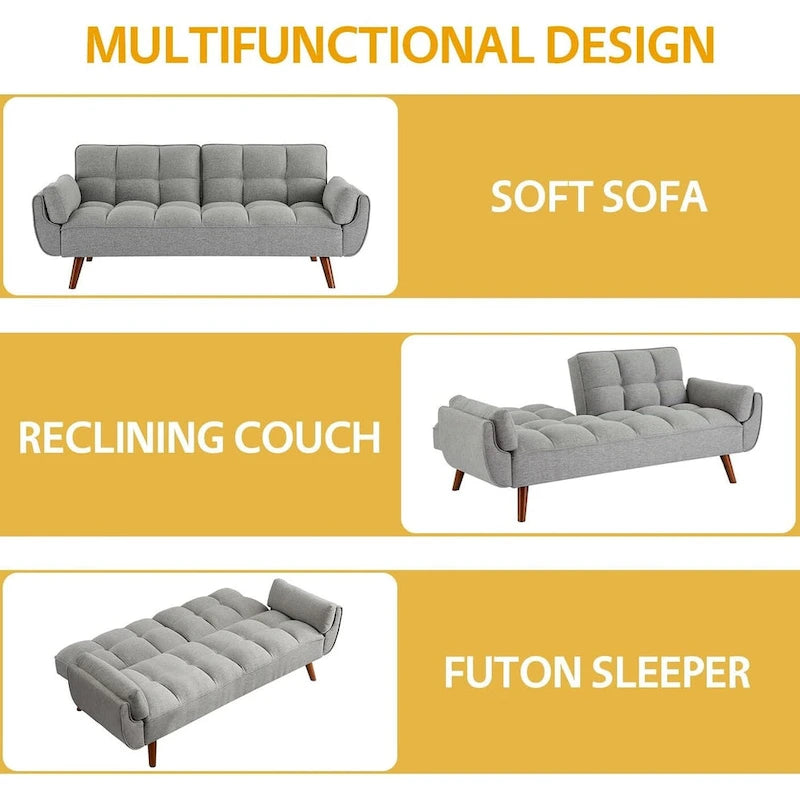 Convertible Futon Sofa Bed Upholstered Tufted Couch Sleeper Adjustable Backrest