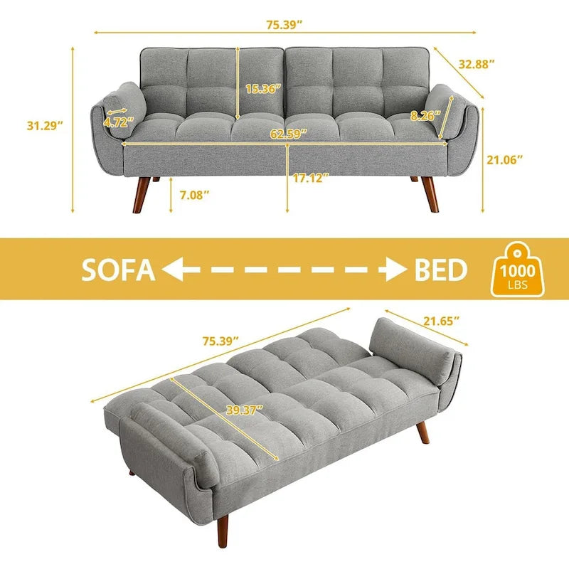 Convertible Futon Sofa Bed Upholstered Tufted Couch Sleeper Adjustable Backrest