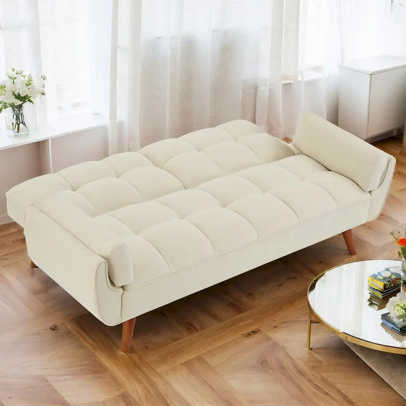 Convertible Futon Sofa Bed Upholstered Tufted Couch Sleeper Adjustable Backrest