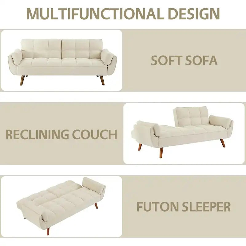 Convertible Futon Sofa Bed Upholstered Tufted Couch Sleeper Adjustable Backrest