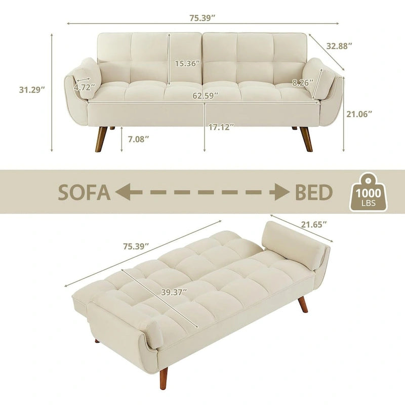 Convertible Futon Sofa Bed Upholstered Tufted Couch Sleeper Adjustable Backrest