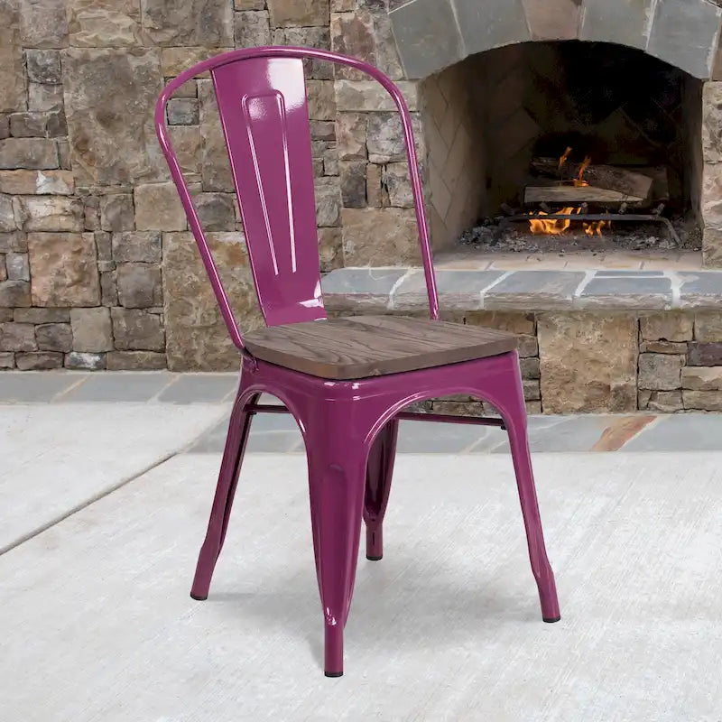 Chaise de bistrot empilable en métal avec assise en bois, dossier incurvé, usage intérieur, bleu sarcelle