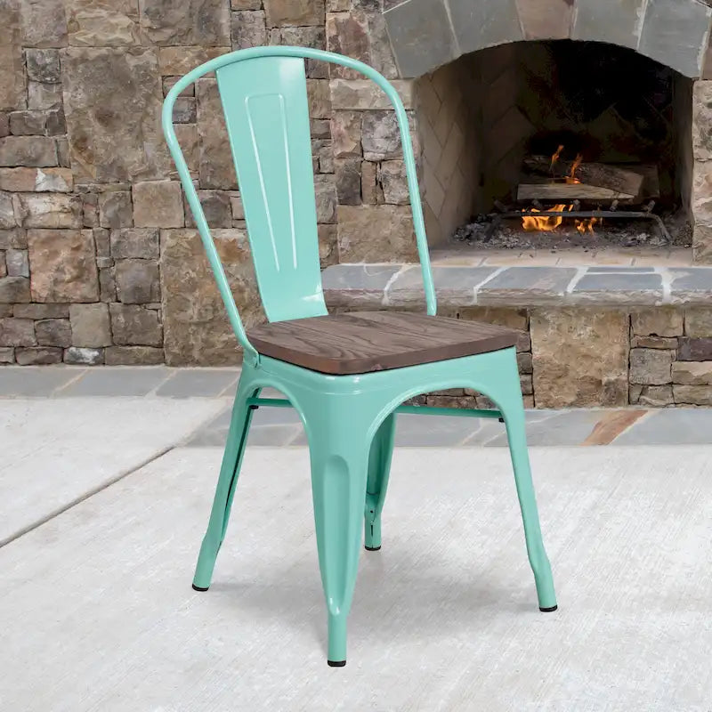 Chaise de bistrot empilable en métal avec assise en bois, dossier incurvé, usage intérieur, bleu sarcelle