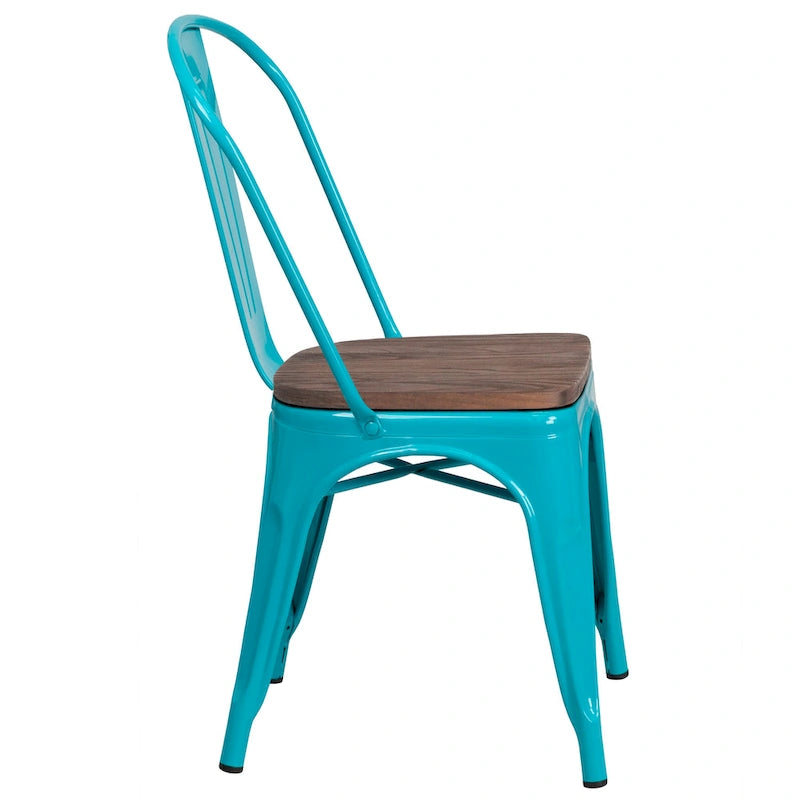 Bistro Stackable Metal Chair with Wood Seat Curved Back Indoor Dining Teal Blue