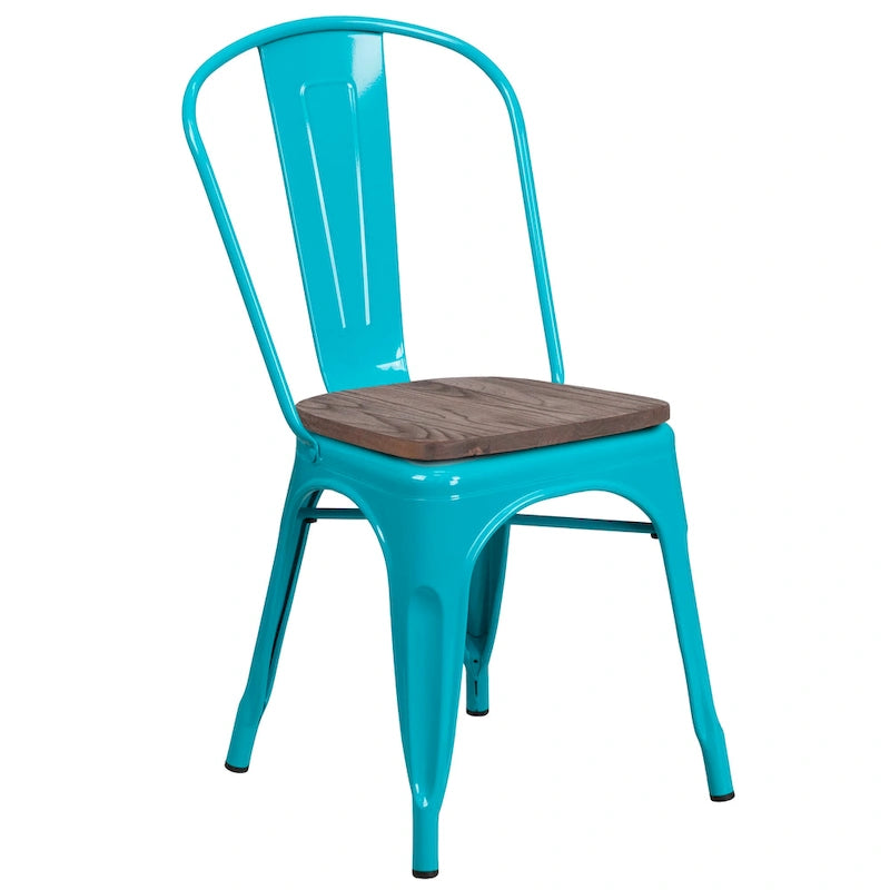 Bistro Stackable Metal Chair with Wood Seat Curved Back Indoor Dining Teal Blue