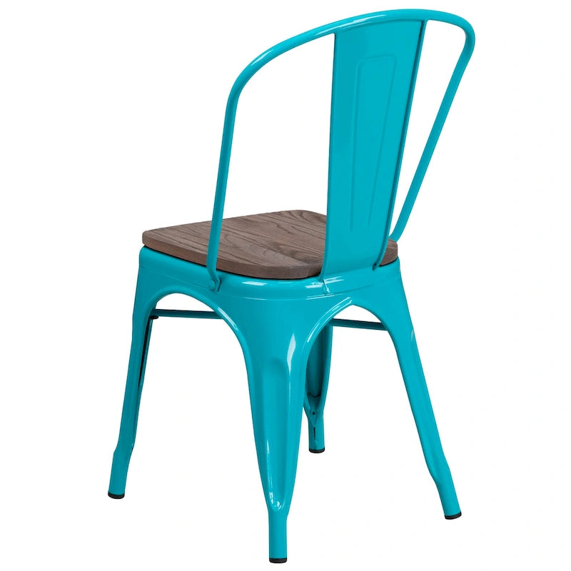 Bistro Stackable Metal Chair with Wood Seat Curved Back Indoor Dining Teal Blue