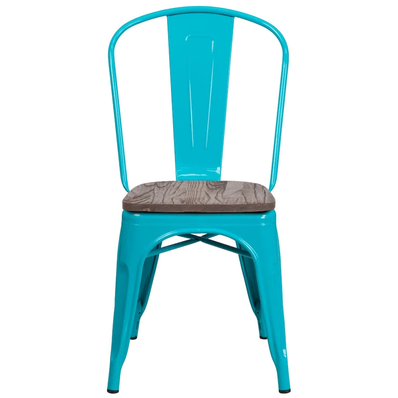 Bistro Stackable Metal Chair with Wood Seat Curved Back Indoor Dining Teal Blue