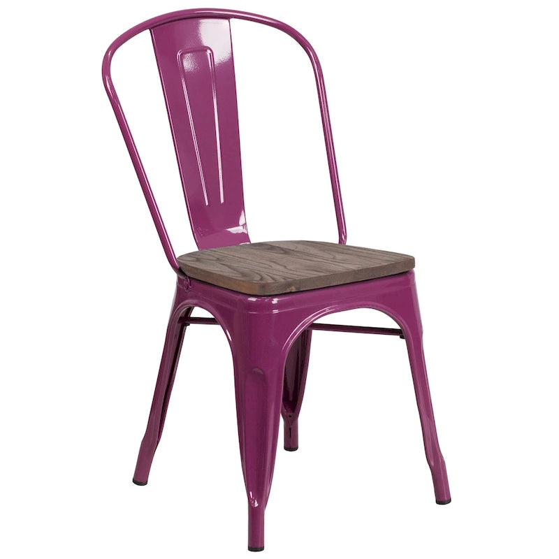 Bistro Stackable Metal Chair with Wood Seat Curved Back Indoor Dining Teal Blue