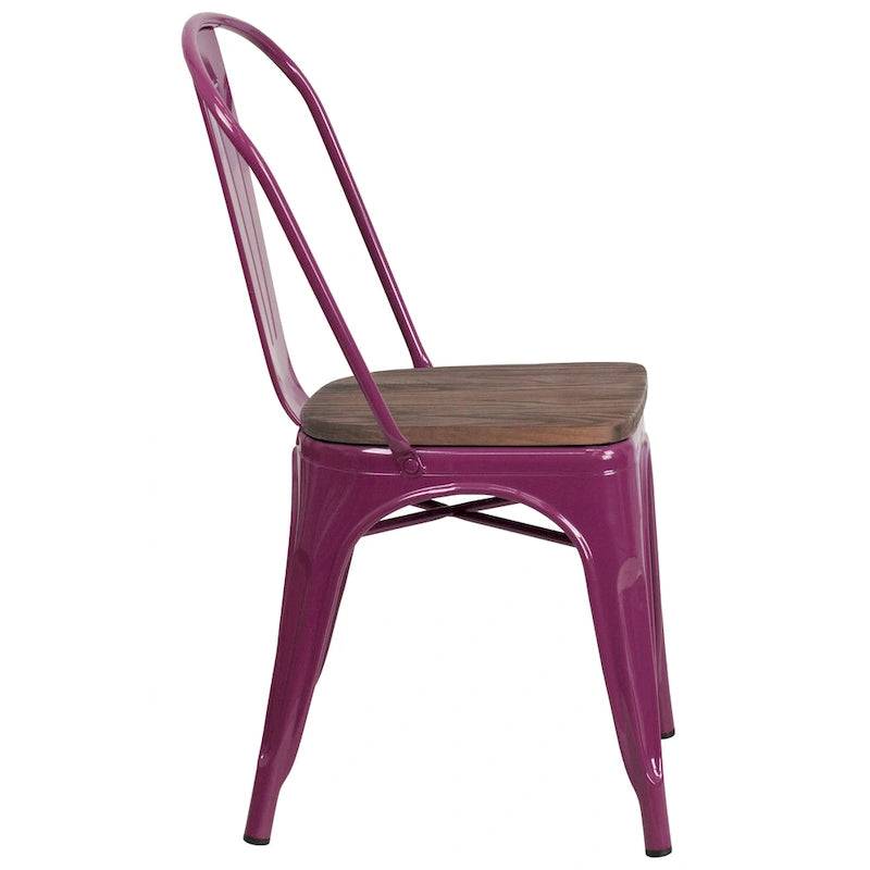 Bistro Stackable Metal Chair with Wood Seat Curved Back Indoor Dining Teal Blue
