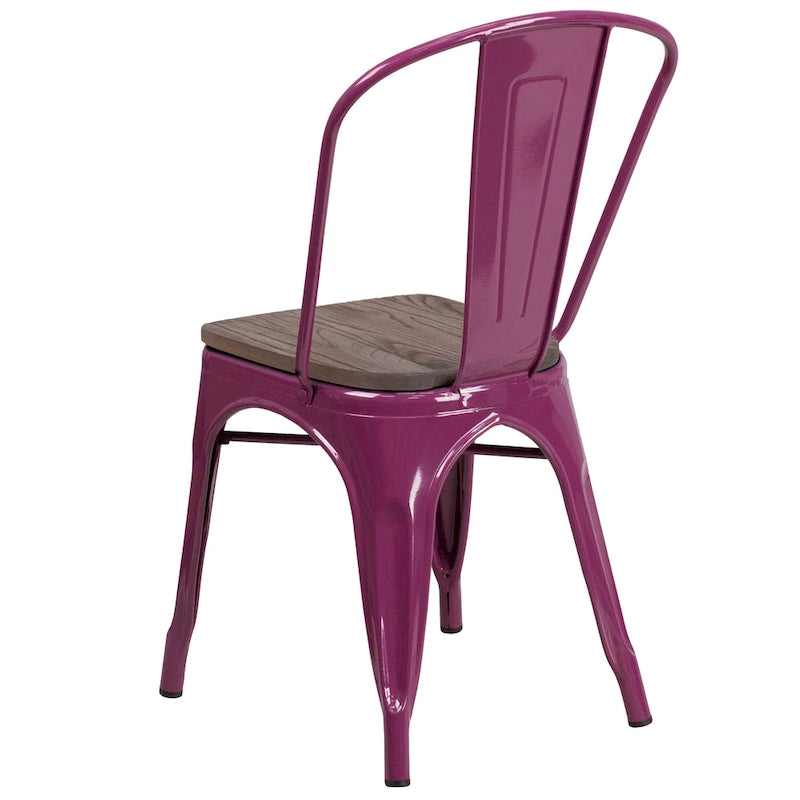 Bistro Stackable Metal Chair with Wood Seat Curved Back Indoor Dining Teal Blue