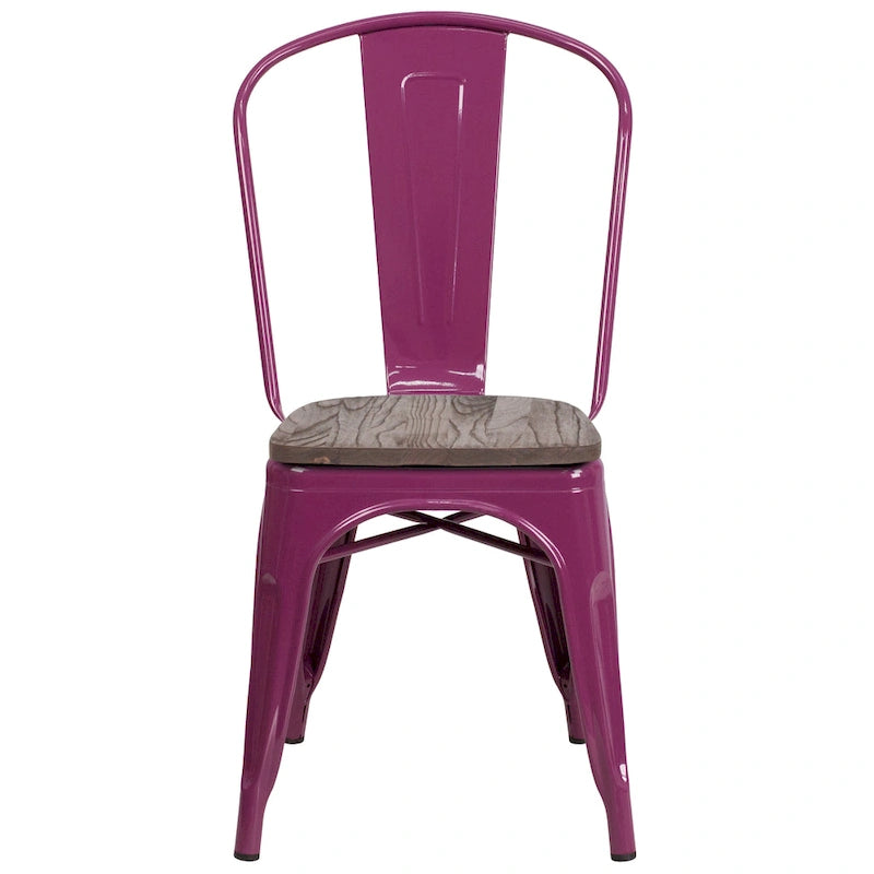 Bistro Stackable Metal Chair with Wood Seat Curved Back Indoor Dining Teal Blue
