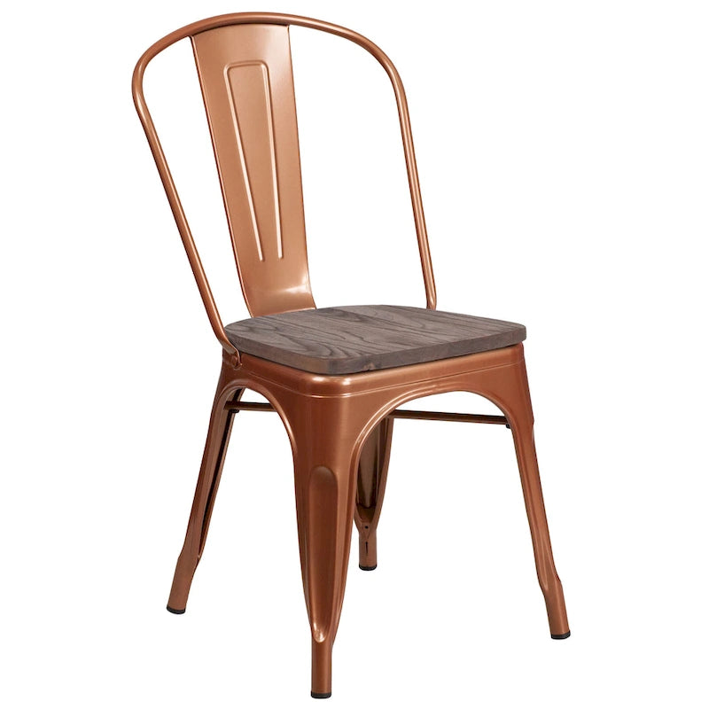 Bistro Stackable Metal Chair with Wood Seat Curved Back Indoor Dining Teal Blue