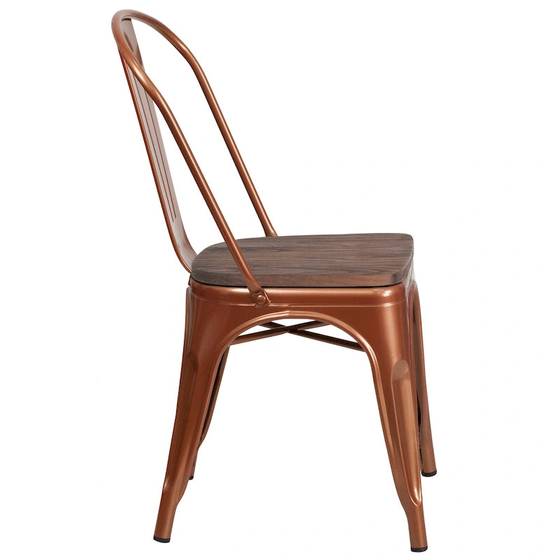 Bistro Stackable Metal Chair with Wood Seat Curved Back Indoor Dining Teal Blue