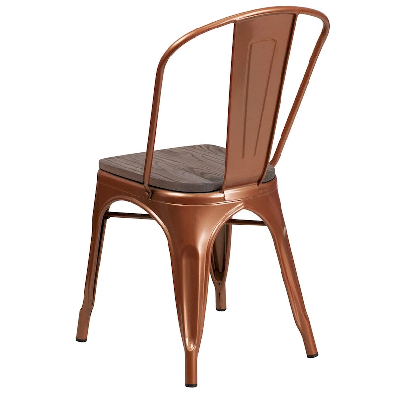 Bistro Stackable Metal Chair with Wood Seat Curved Back Indoor Dining Teal Blue