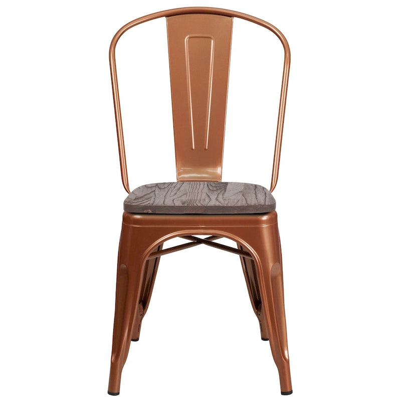 Bistro Stackable Metal Chair with Wood Seat Curved Back Indoor Dining Teal Blue