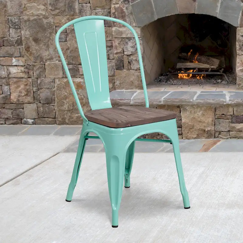 Bistro Stackable Metal Chair with Wood Seat Curved Back Indoor Dining Teal Blue