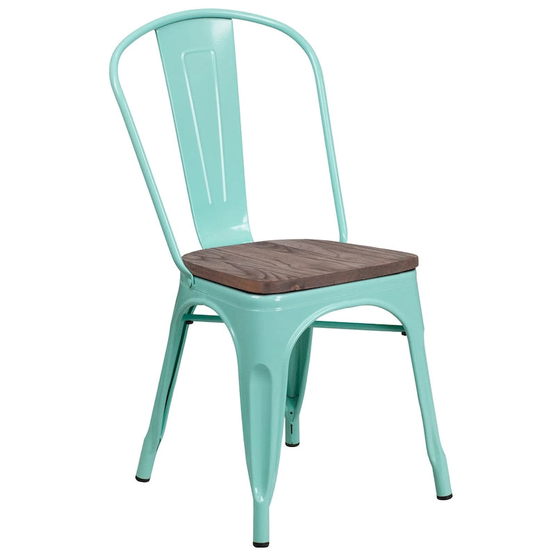 Bistro Stackable Metal Chair with Wood Seat Curved Back Indoor Dining Teal Blue