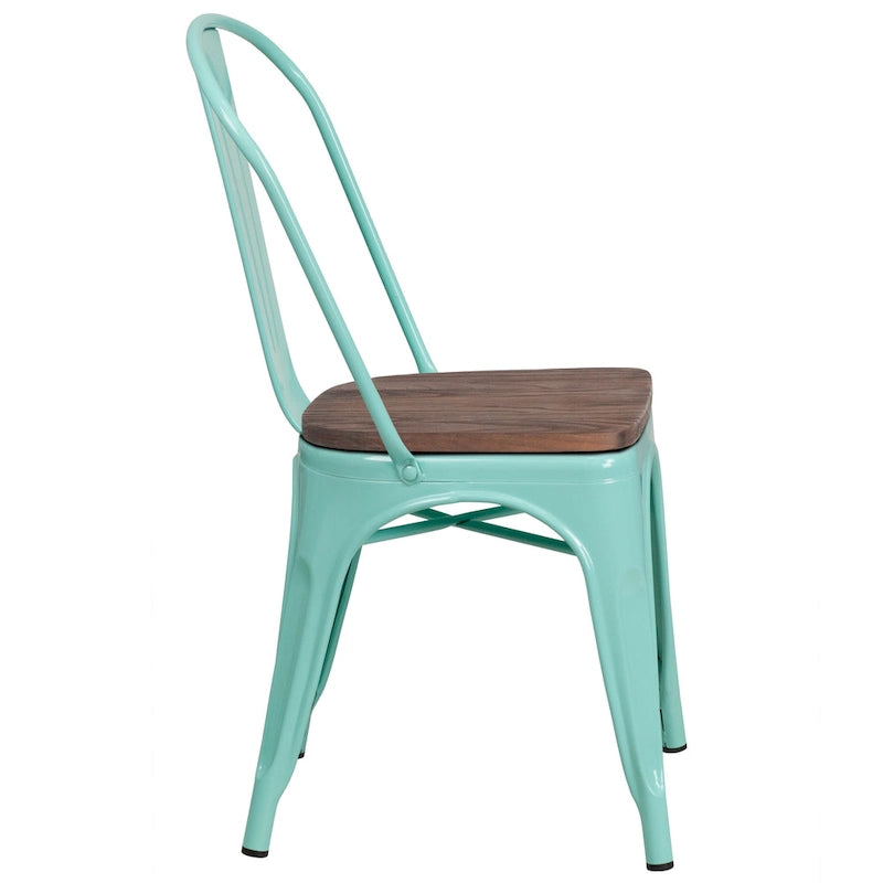 Bistro Stackable Metal Chair with Wood Seat Curved Back Indoor Dining Teal Blue