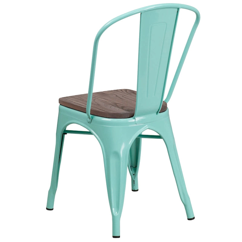 Bistro Stackable Metal Chair with Wood Seat Curved Back Indoor Dining Teal Blue