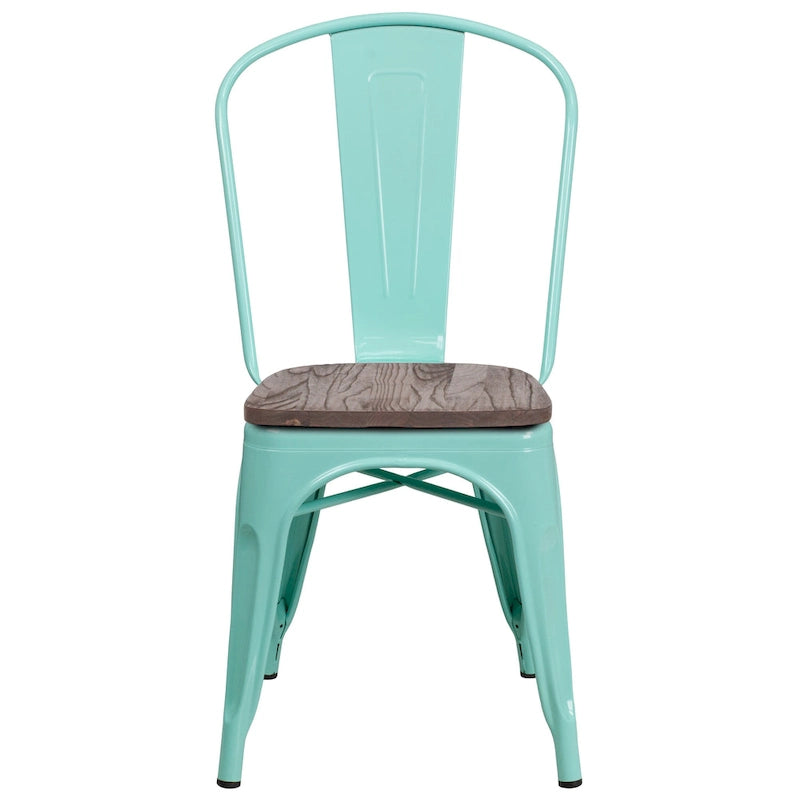 Bistro Stackable Metal Chair with Wood Seat Curved Back Indoor Dining Teal Blue