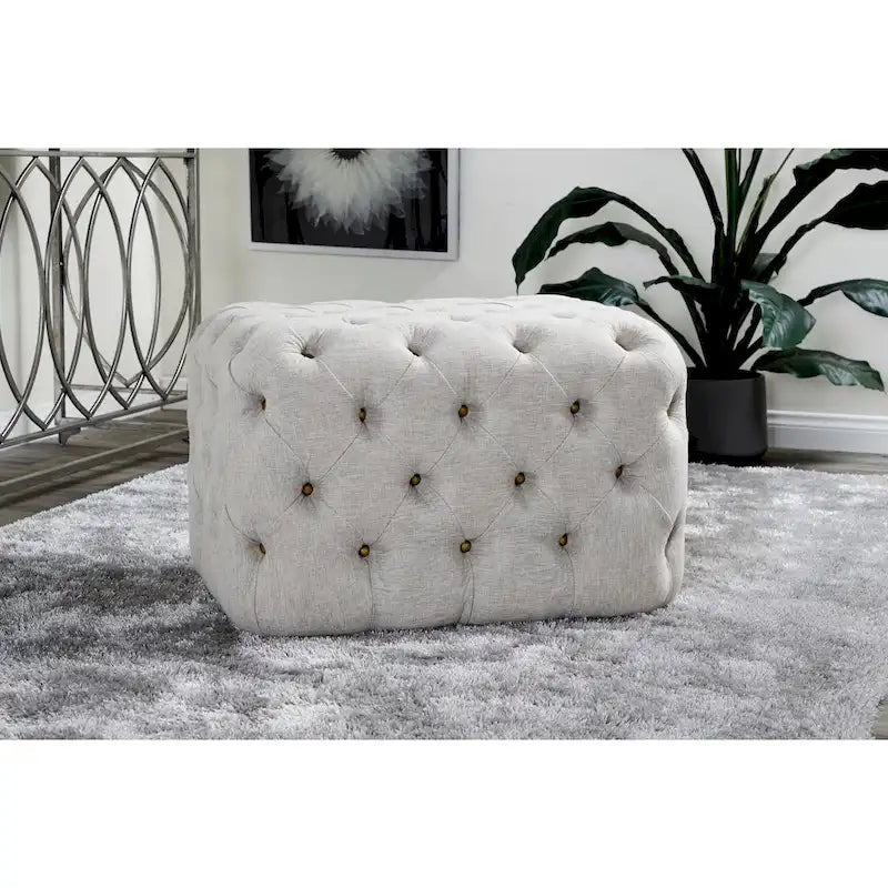 Beige Linen Tufted Ottoman with Brass Hardware and Black Legs