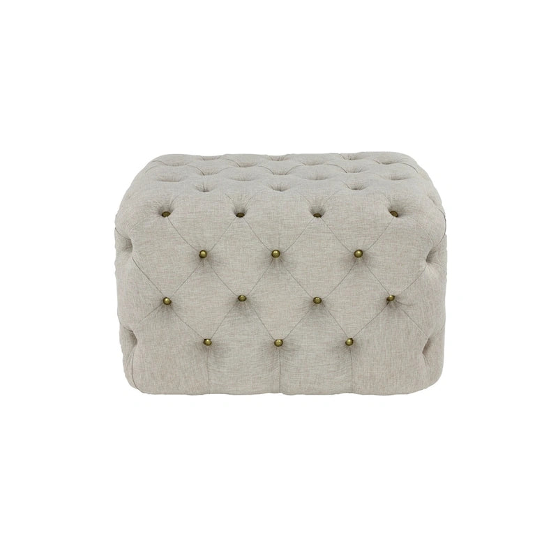 Beige Linen Tufted Ottoman with Brass Hardware and Black Legs