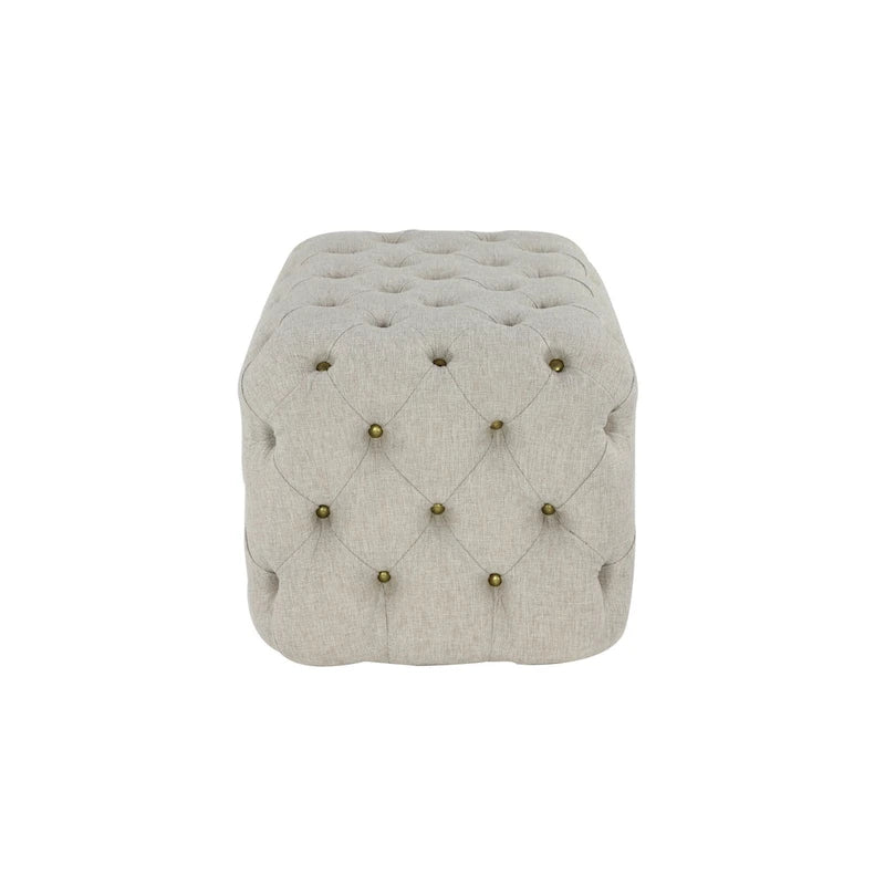 Beige Linen Tufted Ottoman with Brass Hardware and Black Legs
