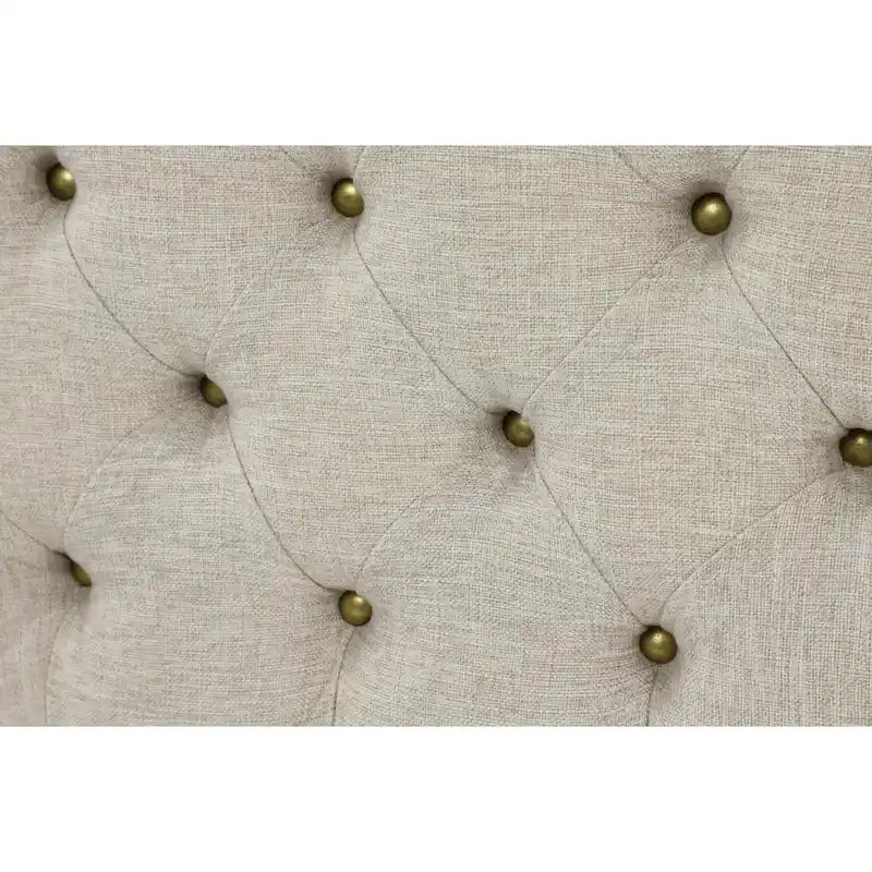 Beige Linen Tufted Ottoman with Brass Hardware and Black Legs