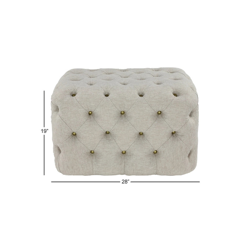 Beige Linen Tufted Ottoman with Brass Hardware and Black Legs
