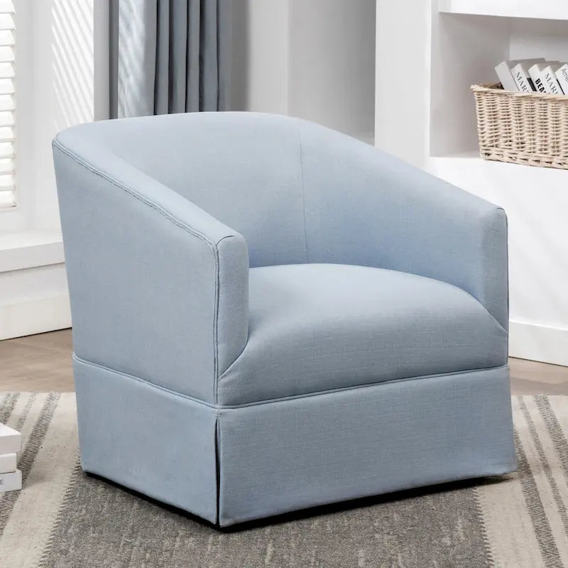 Skirted Fabric Swivel Accent Chair Linen Sky Blue Barrel Back