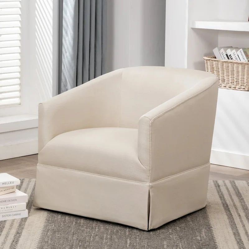 Skirted Fabric Swivel Accent Chair Linen Sky Blue Barrel Back