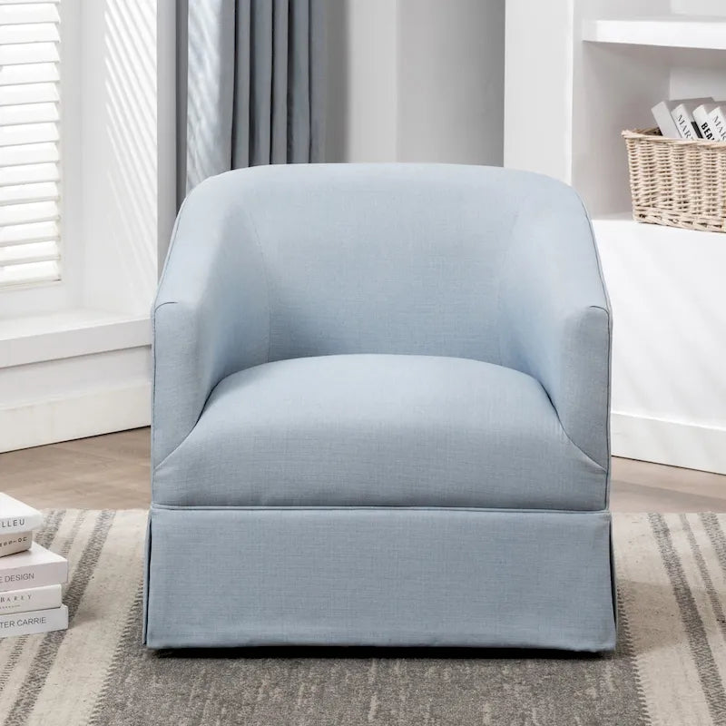 Skirted Fabric Swivel Accent Chair Linen Sky Blue Barrel Back