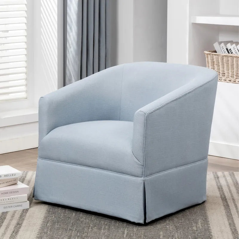 Skirted Fabric Swivel Accent Chair Linen Sky Blue Barrel Back