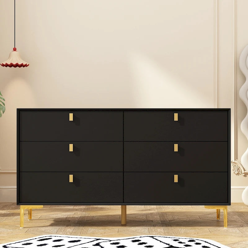 6-Drawer Wood Dresser with Gold Metal Legs, Black White Navy Blue