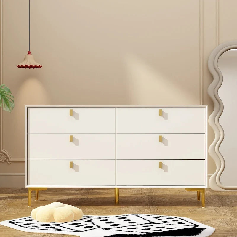Commode en bois à 6 tiroirs avec pieds en métal doré, noir blanc bleu marine