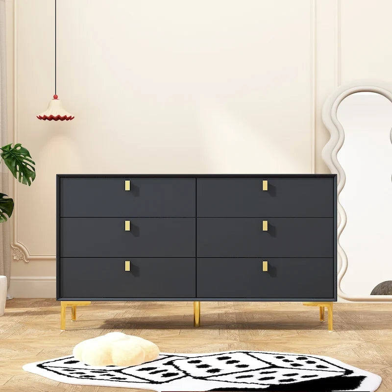 Commode en bois à 6 tiroirs avec pieds en métal doré, noir blanc bleu marine