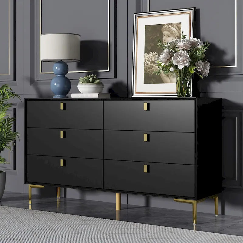 6-Drawer Wood Dresser with Gold Metal Legs, Black White Navy Blue