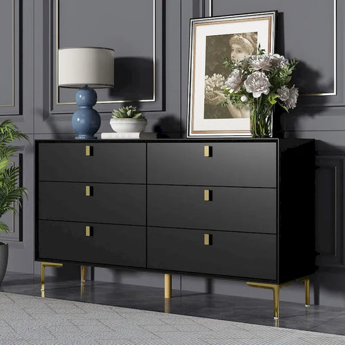 6-Drawer Wood Dresser with Gold Metal Legs, Black White Navy Blue